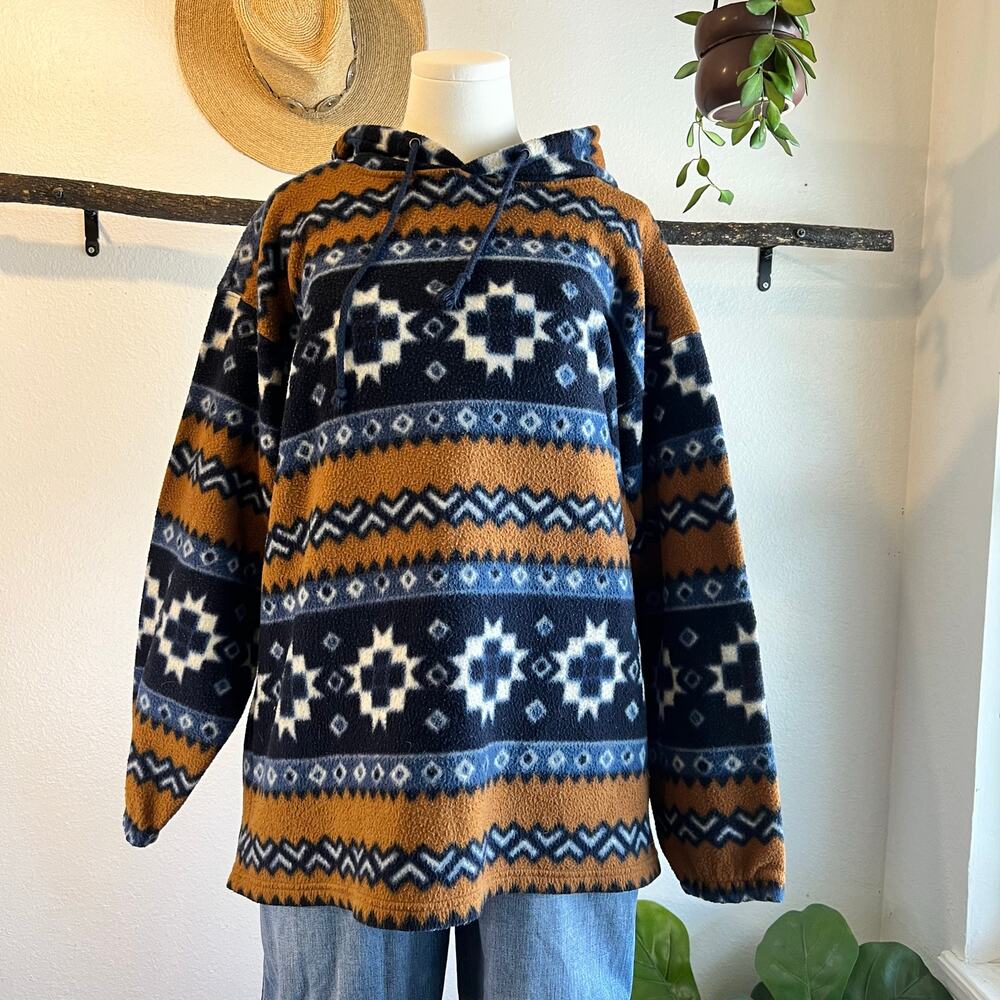 90s Santana Fleece Southwestern Print Hooded Pullover Sweatshirt Size Large